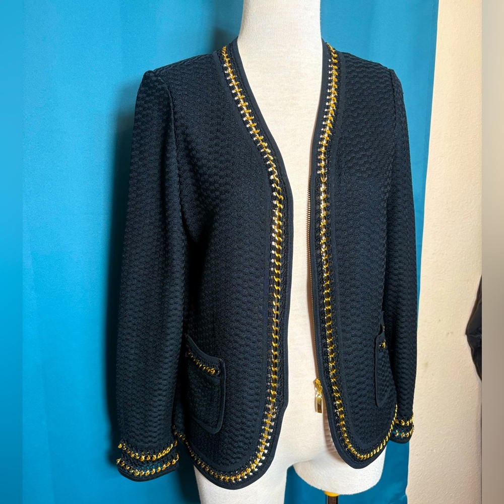 MING WANG Women's Gold Chain Trim Zip up Cardigan Black Collarless Jacket